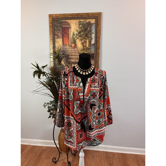 Zac & Rachel Women Large 3/4 Bell Sleeve Peasant Top Peasant Boho Boxy Comfy - Picture 1 of 12